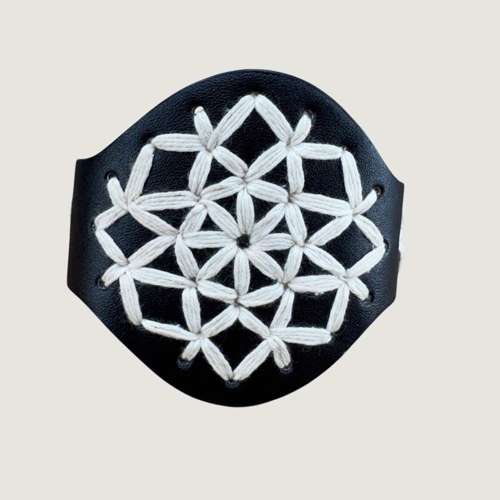 Unbranded Leather Cuff Bracelet OS Black White Embroidered Mandala Boho Festival